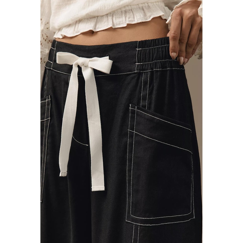 Anthropologie Maeve Wide-Leg Pants Women L Black Linen Blend Contrast Stitch - Picture 4 of 4